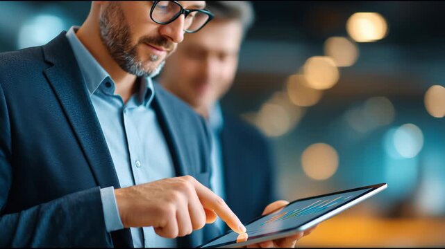 Businessman in Suit Pointing at Data on Tablet in Modern Office with Colleague, Discussing Analytics and Professional Insights