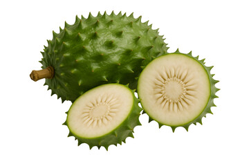 Whole and halved spiny green fruit isolated on black background