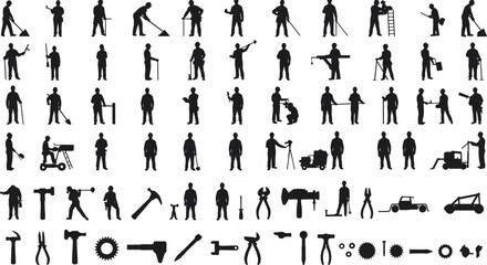 Construction workers silhouettes, tool icons, labor equipment, industrial tools, repairman figures, hammer, drill, gear, ladder, engineering tools, builder, wrench, pliers, helmet, nails, bolts