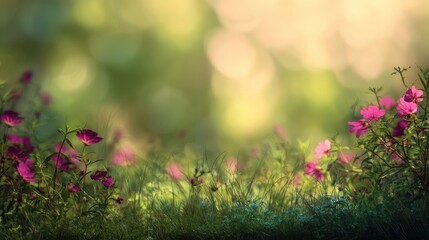 Obraz premium Lush meadow flowers in soft sunlight.