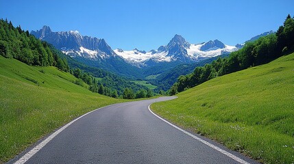 Naklejka premium Winding Road Through Lush Valley, Majestic Snow-Capped Mountains, Clear Sky