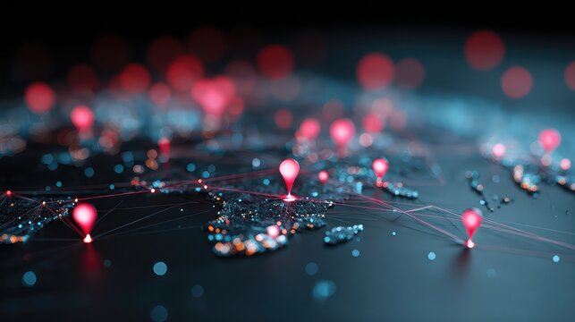 Global network connections with red location pins and digital data points