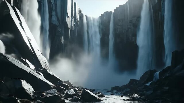 A powerful waterfall cascades through a dramatic canyon of dark, stylized rock formations. Mist rises from the base, creating an epic and moody atmosphere. Usable for fantasy or adventure concepts.