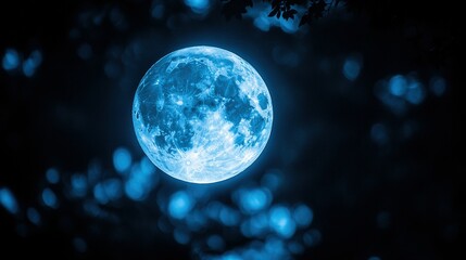 Fototapeta premium Glowing Blue Moon in Night Sky with Bokeh and Foliage, Celestial Beauty.