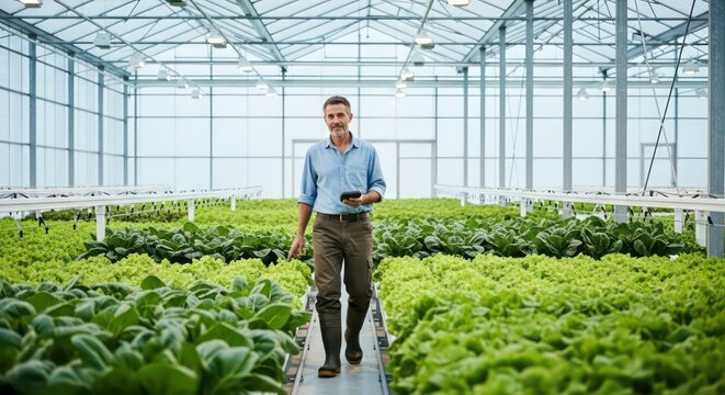 Confident Agronomist with Tablet Managing a Modern Hydroponic Lettuce Greenhouse.