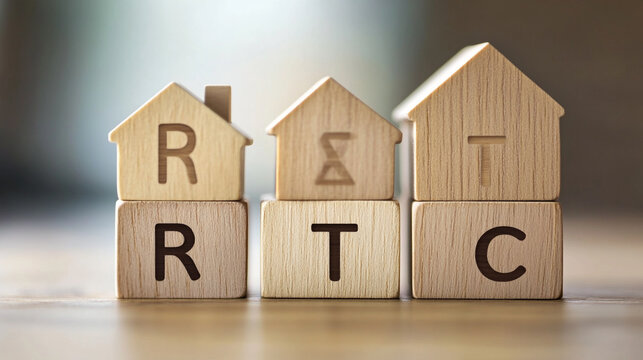 Wooden houses spelling RTC real estate concept