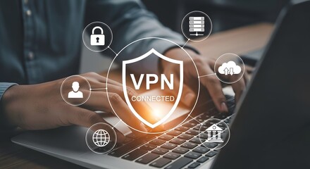 VPN Connected: Shield Graphic and Service Icons Over Laptop Typing Scene