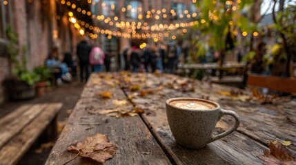 A rustic outdoor café surrounded by fallen autumn leaves, with a pumpkin spice latte on a wooden table, people in scarves chatting in warm light, creating a festive and comforting seasonal mood

