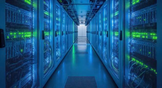 Corridor of Digital Power: Symmetrical Server Racks with Blue and Green Glow