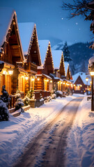 Snowy Village Street with Christmas Lights.