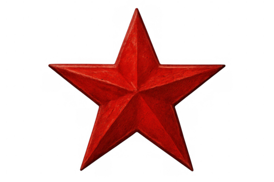 Communist star glowing bright red, featuring textured paint surface, isolated on clean transparent backdrop