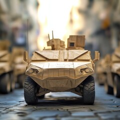 Close-up of a light tan model military vehicle, likely a  personnel carrier,  in front of blurred similar models