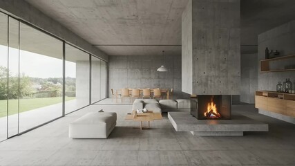 Modern minimalist living room with fireplace and view