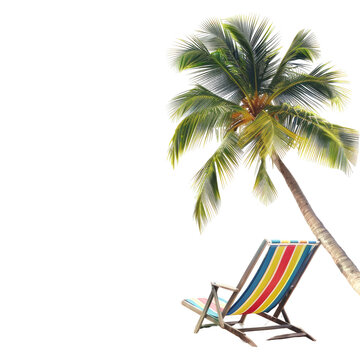 Tropical beach scene with palm tree and striped lounge chair
