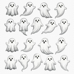 A collection of cute and spooky cartoon ghosts with various expressions and poses.