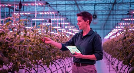 Data-Driven Growth: Agronomist with Tablet in a Futuristic Pink-Lit Greenhouse