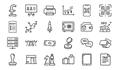 Business and Finance Icon Bundle – Economy, SEO, Tax, Security, Profit Growth, and Marketing Strategy Line Vector Set

