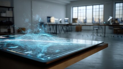 Futuristic data visualization on a tablet in a modern office environment