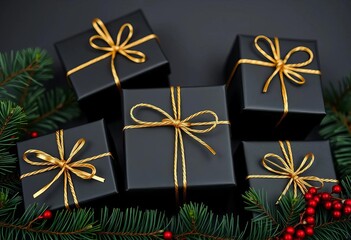 Sleek black gift boxes tied with gold string, minimalist holiday presentation,  shiny,  detail