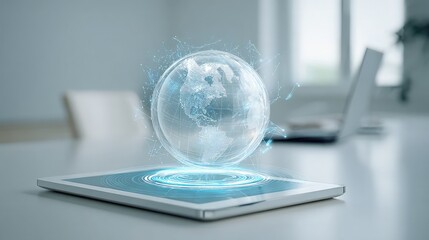 Holographic globe interface projects from tablet in modern office setting