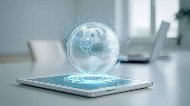 Holographic globe interface projects from tablet in modern office setting