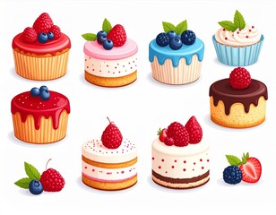 Variety of Colorful Cupcakes and Cakes Decorated with Berries in Pixel Art Style