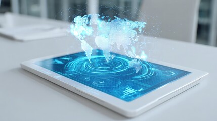 Holographic world map displayed on a futuristic tablet interface