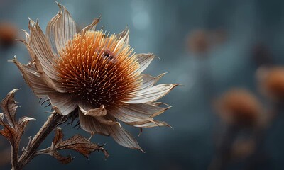 Close up view of a dried thistle flower with spiky orange center and papery petals against blurred back