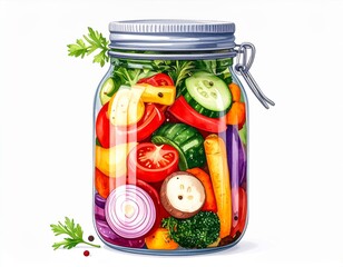 Fresh Colorful Vegetable Medley Inside Glass Jar Still Life Illustration On White Background