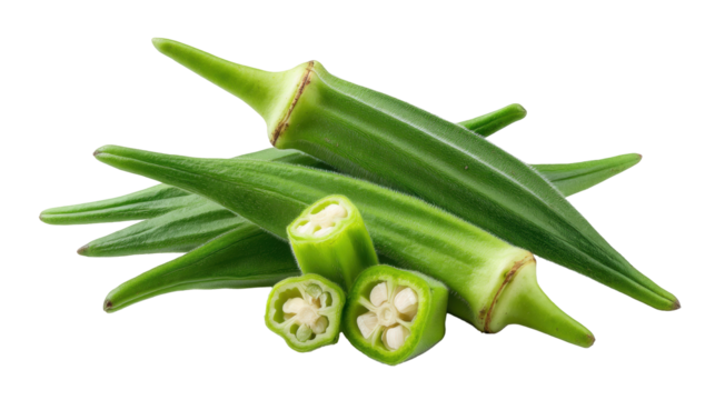 Fresh green okra isolated on transparent background with sliced pieces showing seeds inside