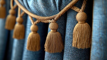 Elegant, dusty blue curtains with golden tassels