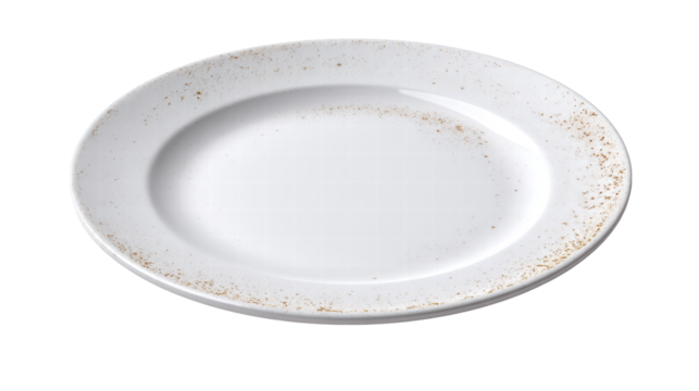 White ceramic plate isolated on transparent background with brown speckled decoration around edge in oval shape