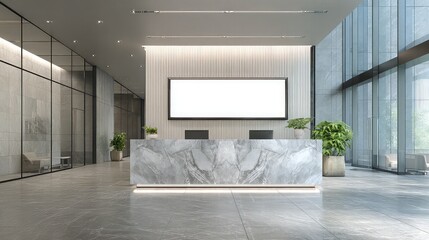 Modern office lobby with marble reception desk and large digital screen