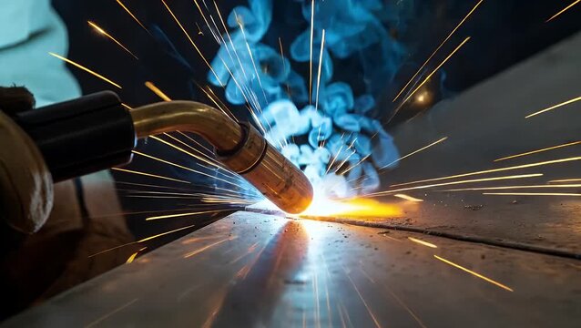 Intense welding sparks metal fabrication process industry construction steel iron torch equipment flame heat bright glow close-up detail work industrial