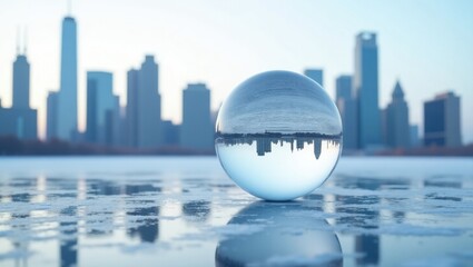 Crystal Ball Reflects City Skyline Over Frozen Water Surface at Dawn