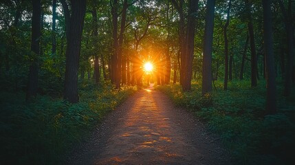 Fototapeta premium Forest path with sunlight shining through trees creating a bright glow.