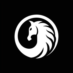 Horse head logo design in white silhouette on black background. Ideal for bold branding, equine fashion, and farm-related graphics.

