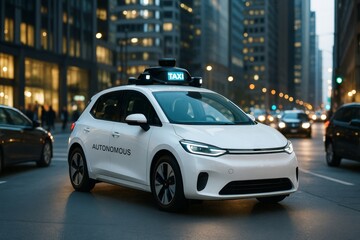 Fototapeta premium Autonomous self-driving white taxi car on evening city street with lights and skyscrapers in background, futuristic urban transport concept. Ai generative