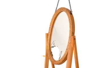 Angled Side View of Hallway with Floating Wooden Shelf, Oval Mirror and Hanging Planters