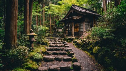 A wooden temple nestled within a lush, tranquil garden.
