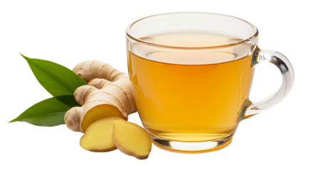 A clear glass mug filled with warm, translucent ginger tea, accompanied by fresh ginger root and leaves, white background isolated