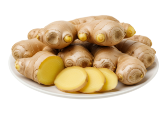 Fresh ginger root, with some sliced, arranged on a white plate, white background isolated