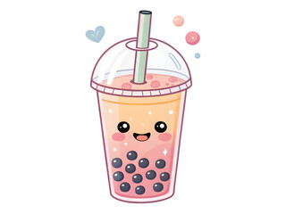 Cute kawaii boba tea drink with happy face and bubbles