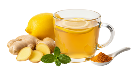A clear glass mug filled with warm, translucent ginger-lemon tea, accompanied by fresh ginger, a lemon, mint, and turmeric powder, white background isolated