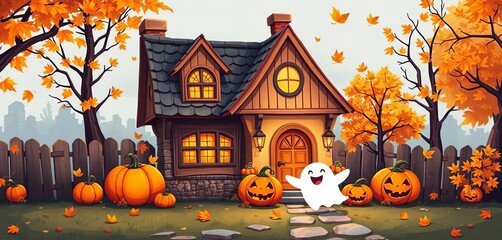 Whimsical cartoon house, pumpkins, friendly ghost, autumn leaves, cozy Halloween,  fall,  sweet