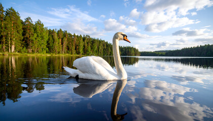 Swan swimming serene lake forest.