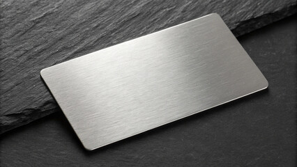 A blank metallic silver card placed on a dark slate stone surface, creating a minimalist and modern background