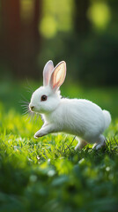 White baby bunny jumping on green grass