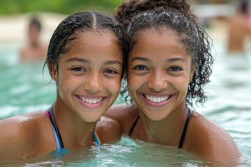 Happy smiling mixed-race mother and daughter swimming during their summer vacation holiday. The image reflects family bonding and joyful moments in a vacation setting, Generative AI