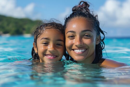 Happy smiling mixed-race mother and daughter swimming during their summer vacation holiday. The image reflects family bonding and joyful moments in a vacation setting, Generative AI